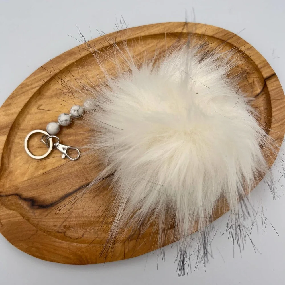 Handmade Faux Fur Pompom Keychain Bag Charm Howlite Beads White Gray Silver